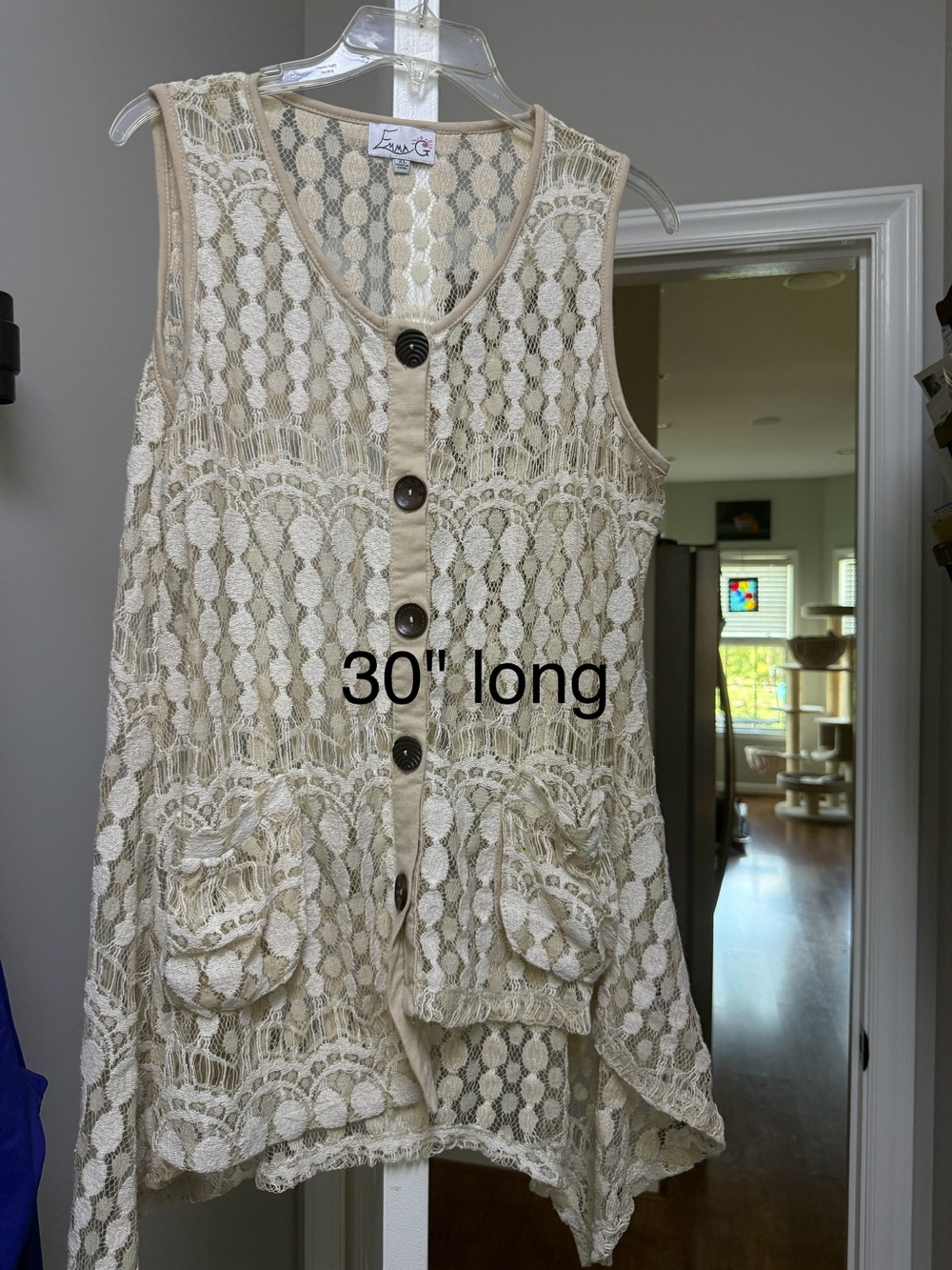 Lace Button-Front Asymmetrical Vest in Cream by Lisa G